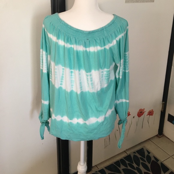 Turquoise Tye-dye elastic boat neck shirt with tie long  sleeves - Picture 6 of 11